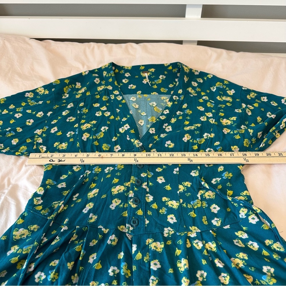 Free People Floral Long Sleeve Romper Teal Tie Waist Boho Size 6 - Picture 6 of 11